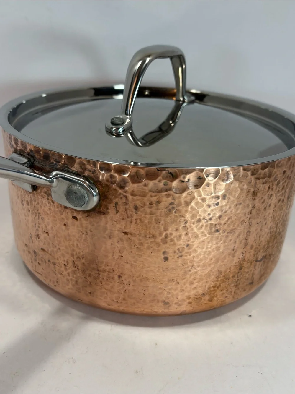 Lot Of 2 VTG French Style Hand Hammered Copper Saucepans Tin Lined 8”/5” W/Lids